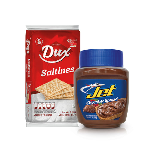 COMBO Jet Chocolate Spreadable 12.3 Oz and Dux Salted, Crackers Bag, 7.6 Oz