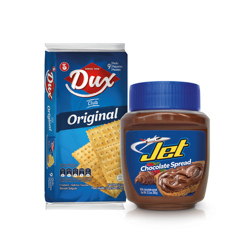 COMBO Jet Chocolate Spreadable 12.3 Oz and Dux Original, Crackers Bag, 8.8 Oz