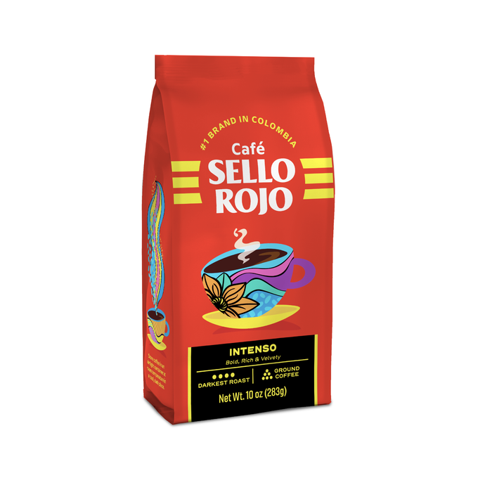 Sello Rojo Intenso Coffee, 100% Latin American Coffee, Darkest Roast Ground Coffee Bag, 10 oz