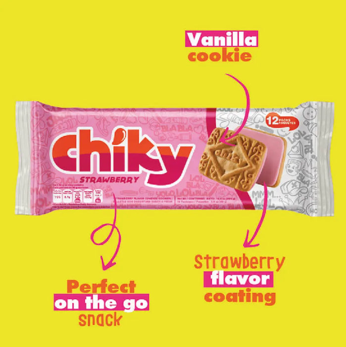 Chiky, Strawberry Cookies, Bag 16.9 Oz, Each Bag contains, 12 inner packs of 6 cookies, A crisp vanilla cookie, dipped in Strawberry chocolate, pack of 12.