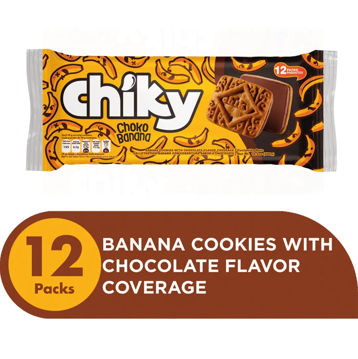 Chiky, Choco Banana Cookies, Bag 16.9 Oz, a crisp chocolate flavored cookie, with a Cappuccino flavored covering, contains 12 inner packs, of 6 cookies each.