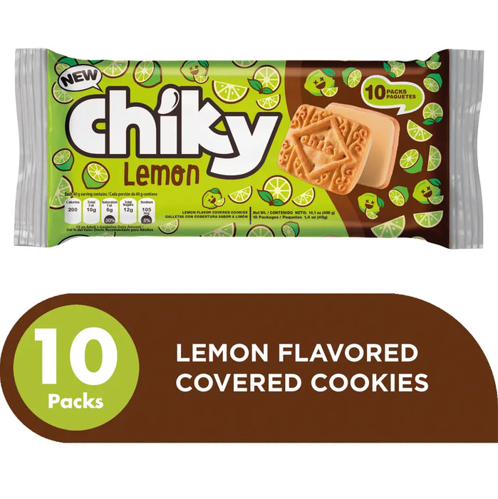 Chiky, Lemon Cookies, Bag 14.1 Oz, Each Bag contains, 10 inner packs of 6 cookies, A crisp vanilla cookie, dipped in lemon flavor