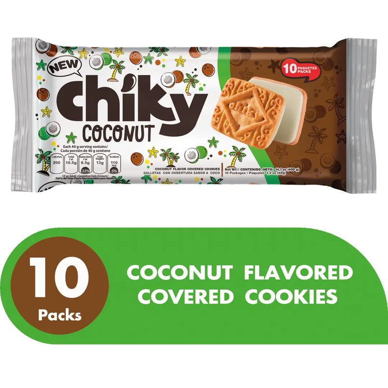 Chiky, Coconut Cookies, Bag  14.1 oz with information of quantity of units 10 per package