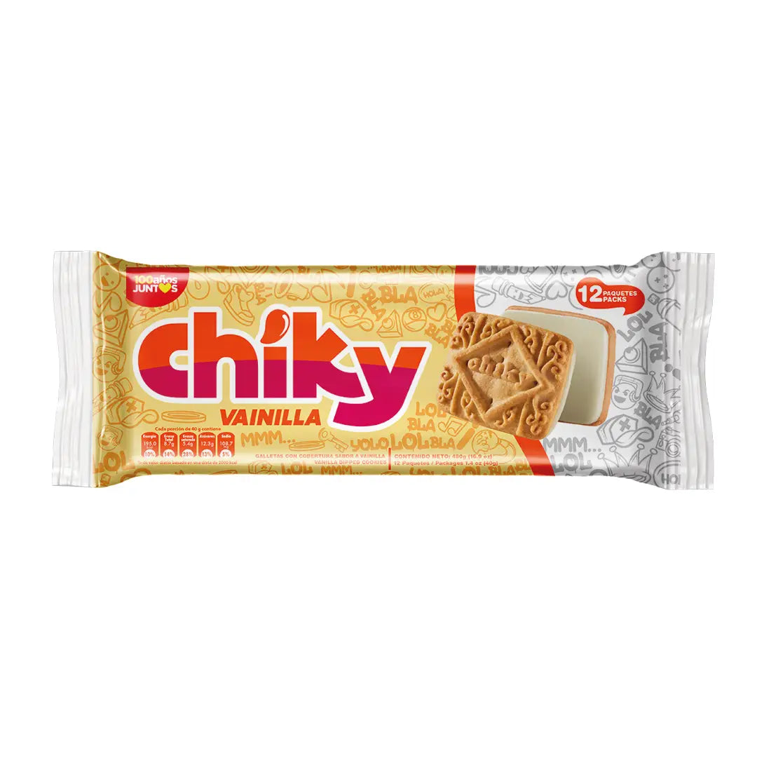 Chiky, Vanilla Cookies, Bag 16.9 Oz, Each Bag contains, 12 inner packs of 6 cookies, A crisp vanilla cookie, dipped in Vanilla chocolate