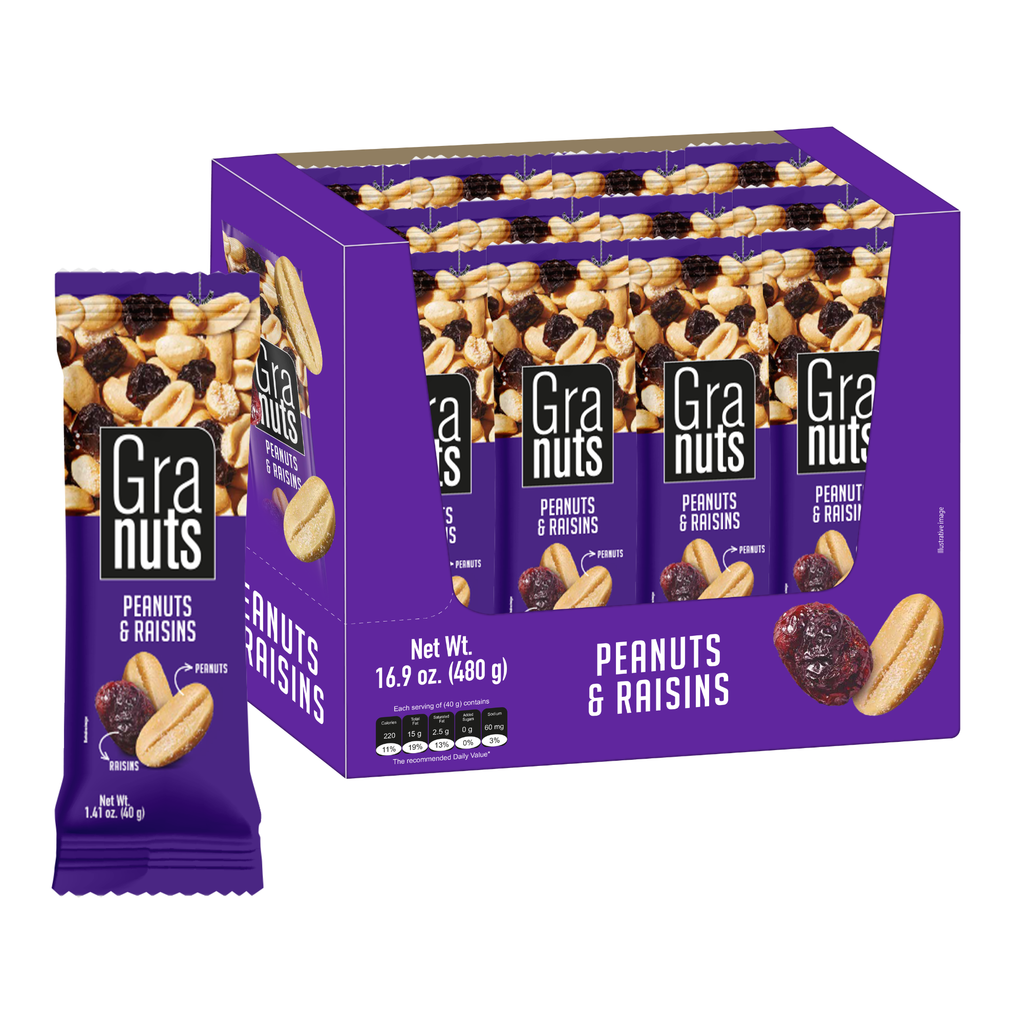 Granuts, Peanuts and Raisins, 12 Snack Packs, 1.41 oz — Cordialsa USA