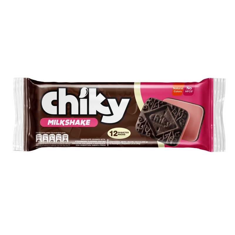 There is a Chiky Milkshake package containing 12 individual packets.