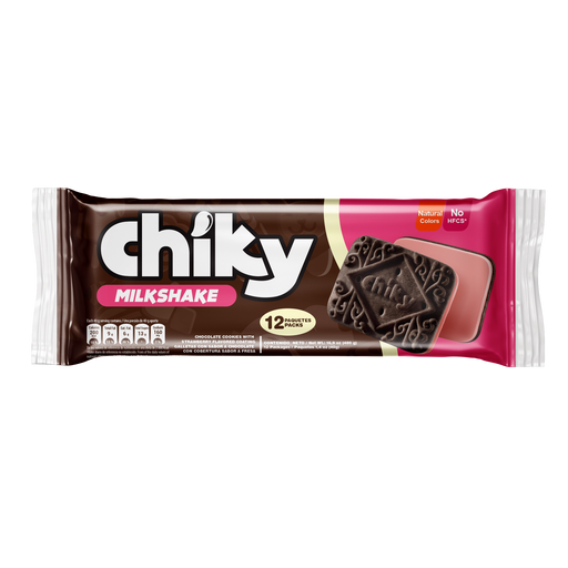 There is a Chiky Milkshake package containing 12 individual packets.