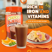 front image instant drink Chocolisto 10.5 oz together with beverage in glass jar and snacks
