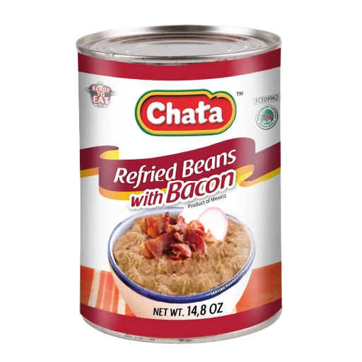 Chata, Refried Beans With Bacon, Can 14.8 Oz, high-quality ingredients, authentic Mexican food, no refrigeration required.