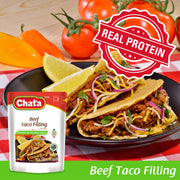 A package of Chata Beef Taco Filling appears, along with tomatoes, a plate with a lemon and tacos, and an icon that says “Real Protein.”