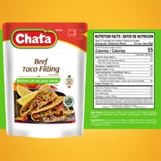 The back of the Chata Beef Taco Filling package is shown, displaying the Nutrition Facts, nutritional information, and ingredients.
