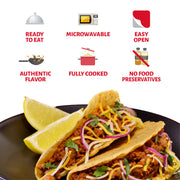 A plate of tacos containing Chata's product appears.
Text also appears that reads:
“Ready to Eat”
‘Microwavable’
“Easy Open”
“Authentic Flavor”
“Fully Cooked”
“No Food Preservatives”