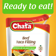 A package of Chata Beef Taco Filling appears. At the top, there is text that reads:
“Ready to Eat”
This indicates that it is easy to open.