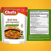 Here is the back of the Chata Beef Stew with Vegetables package, which shows the Nutrition Facts, nutritional information, and ingredients.