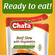 A package of Chata Beef Stew with Vegetables appears. At the top, there is text that reads:
“Ready to Eat”
This indicates that it is an easy to open product.
