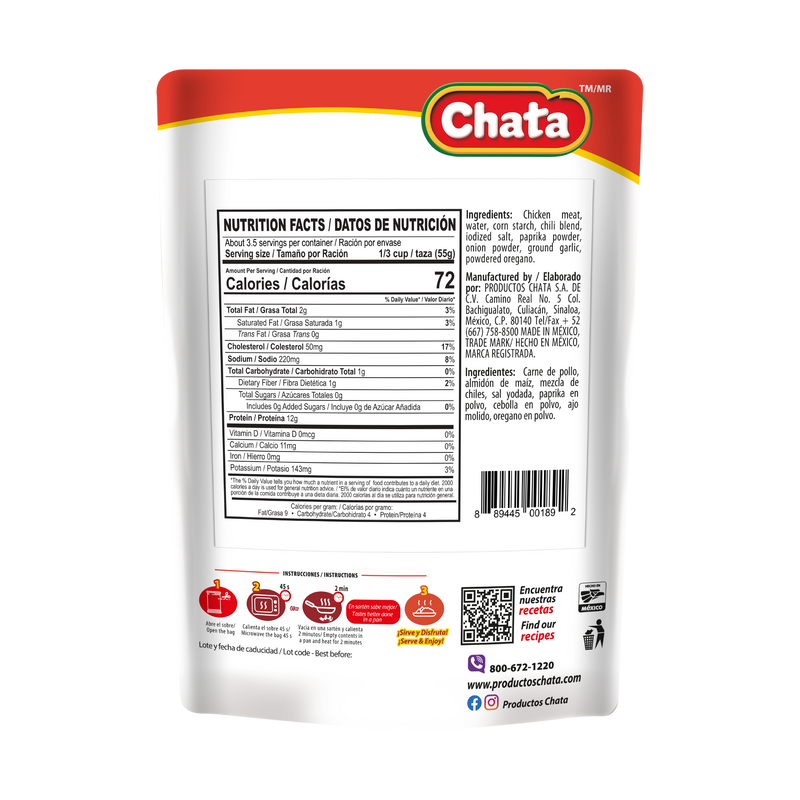 The back of the Chata Chicken Taco package, showing its nutrition facts panel.