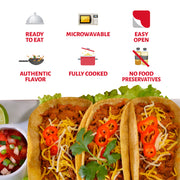 Some Chata Chicken Tacos with lettuce, cilantro, and lime, accompanied by text that reads: “Ready to Eat,” “Microwavable,” “Easy Open,” “Authentic Flavor,” “Fully Cooked,” and “No Food Preservatives.”
