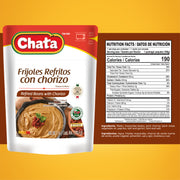 The back of the Chata Refried Beans with Chorizo package shows the Nutrition Facts, nutritional information, and ingredients.
