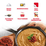 There is one bowl with chorizo and another bowl with Chata Refried Beans with Chorizo.
The following text also appears:
“Ready to Eat”
‘Microwavable’
“Easy Open”
“Authentic Flavor”
“Fully Cooked”
“No Food Preservatives”