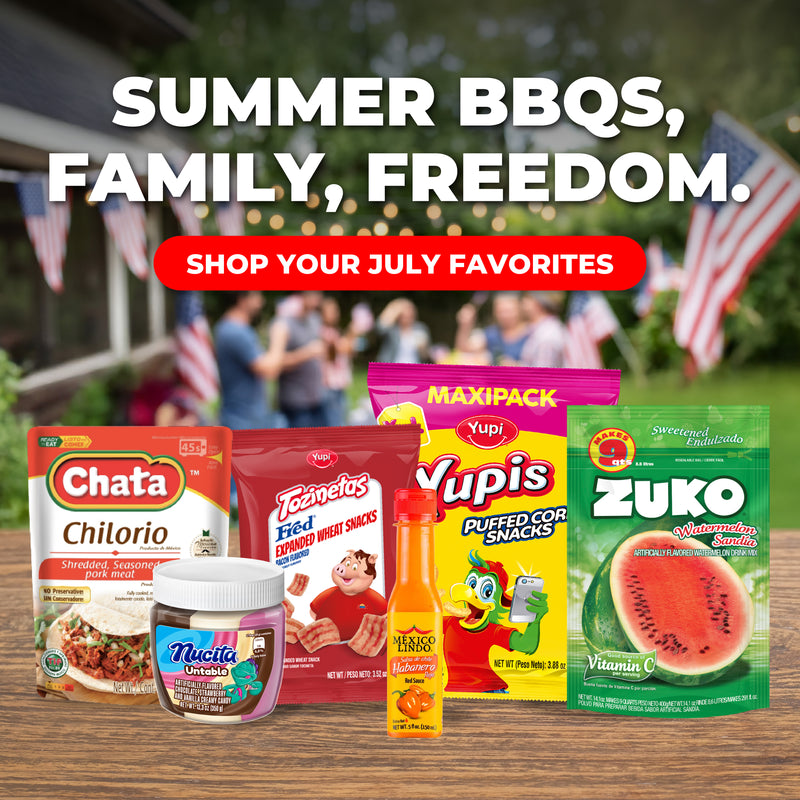 There’s a package of Chata Chilorio, a jar of Nucita spread, a package of Yupi Tozitenas, a package of Yupi puffed corn snacks, and a package of Zuko watermelon. On the right side, there’s a bowl of potatoes; on the left side, there’s text that reads “summer bbq, family, freedom.” Below that is a button that says “shop your July favorites,” with U.S. flags in the background, referencing the Fourth of July celebration. 