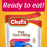 Chata Pork Taco Filling packaging, with text that reads “Ready to Eat!”, also indicating that it is easy to open.