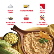 There is a bowl of corn and another bowl containing the Chata product.
The following text also appears:
“Ready to Eat”
‘Microwavable’
“Easy Open”
“Authentic Flavor”
“Fully Cooked”
“No Food Preservatives”