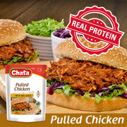 Chata Pulled Chicken package, containing two burgers made with pulled chicken and an icon with the text “Real Protein.”