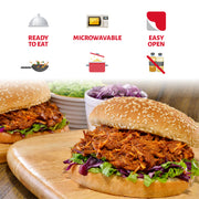 A hamburger made with Chata Pulled Chicken is shown. The text “Ready to Eat,” “Microwaveable,” and “Easy to Open” appears on the screen.