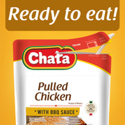 Chata Pulled Chicken packaging with text at the top that reads “Ready to Eat,” which also indicates that it features an easy-open system.