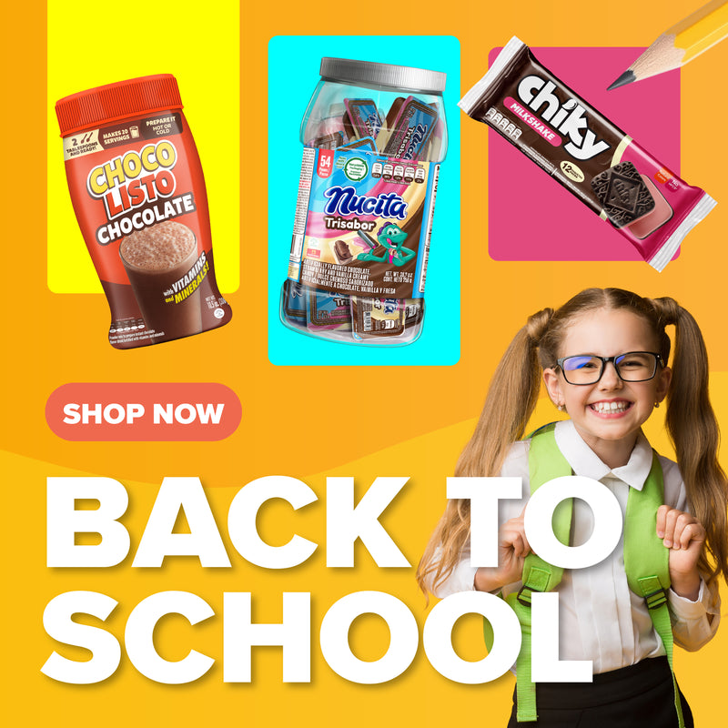 There is a jar of Chocolisto, a jar of Nucita Trisabor, and a package of Chiky Milkshake. There is also a girl wearing glasses and sunglasses, alluding to back-to-school season.
The image includes the text:
“Back to School”
In the lower right corner, there is a button that says:
“Shop Now”