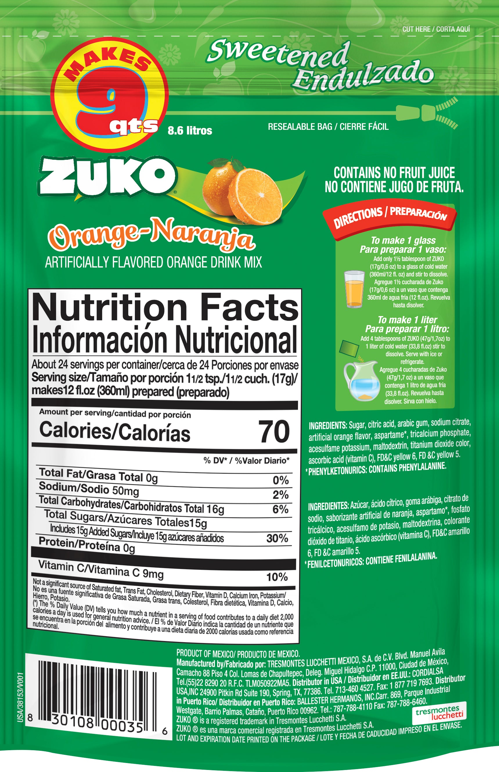 Zuko Drink Mix Orange Family Pack, 14.1 oz — Cordialsa USA