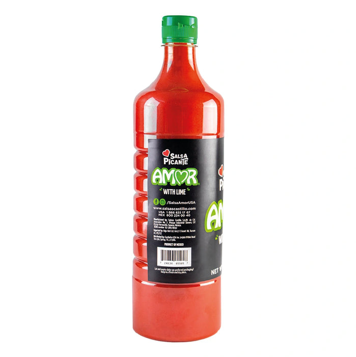 Amor, Lemon Hot Sauce, 33 Oz, softer and less spicy flavor, Scoville level 2600, the flavor of chili, high-quality product, traditional spicy, bottle, fluid liquid.