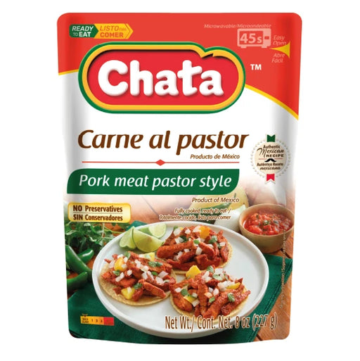 Chata, Pork Meat Pastor Style, Pouch 8 Oz, high-quality ingredients, authentic Mexican food, no refrigeration required.