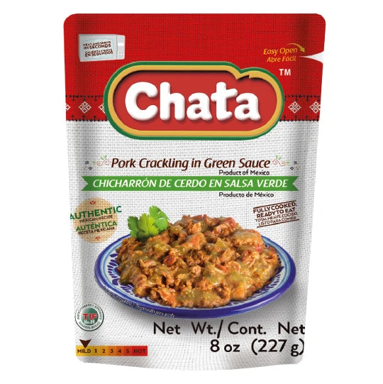 Chata, Pork Crackling In Green Sauce, Pouch 8 Oz, high-quality ingredients, authentic Mexican food, no refrigeration required.