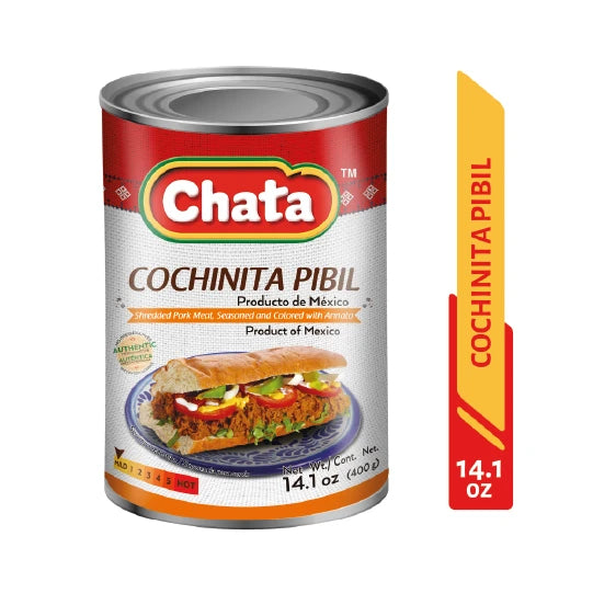 Chata, Cochinita Pibil, Can 14.01 Oz, high-quality ingredients, authentic Mexican food, no refrigeration required.