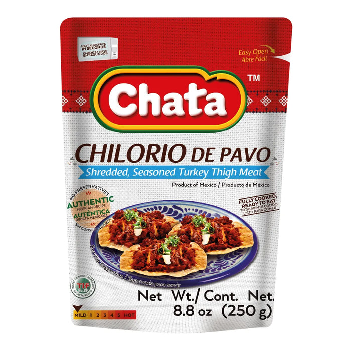 Chata, Chilorio Turkey, Pouch 8 Oz, high-quality ingredients, authentic Mexican food, no refrigeration required.