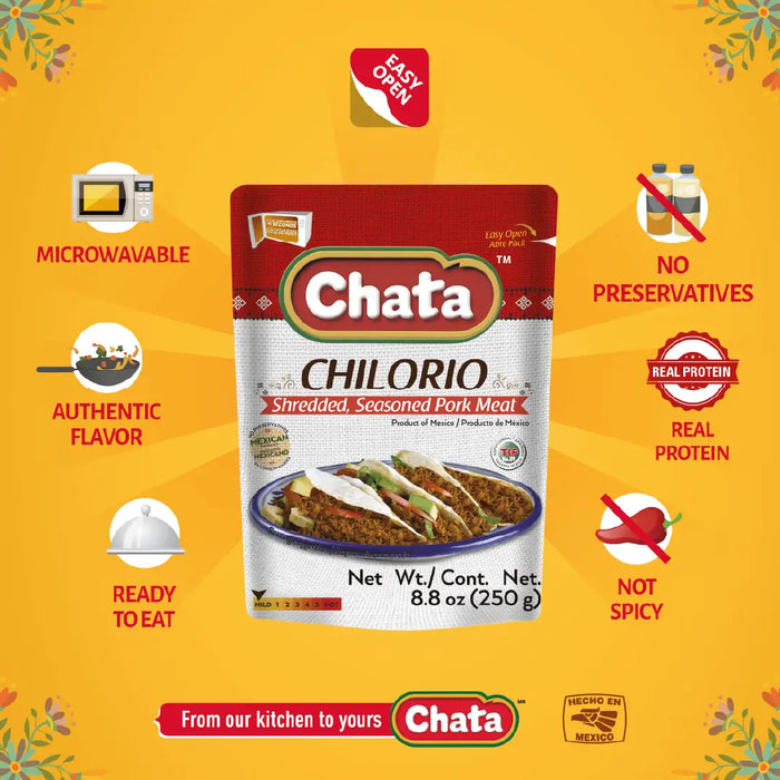 Chata, Chilorio Pork, Pouch 8.8 Oz, high-quality ingredients, authentic Mexican food, no refrigeration required.