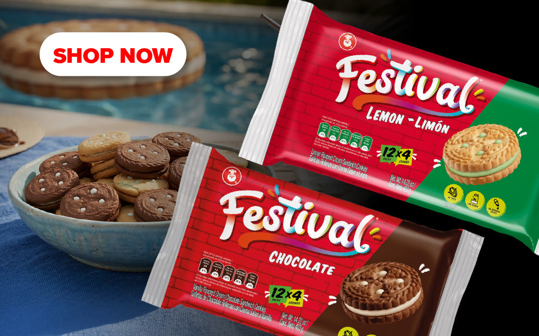 There is a package of Festival Limón, a package of Festival Chocolate, and a bowl of Festival cookies.
In the upper left corner, there is a button that says:
“Shop Now”