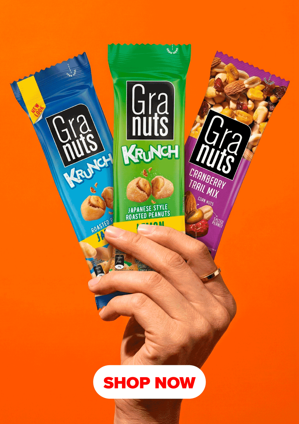 There are three Grannuts products: Cranberry Trail Mix, Classic Krunch, and Lemon Krunch.
At the bottom center, there is a button that says:
“Shop Now”