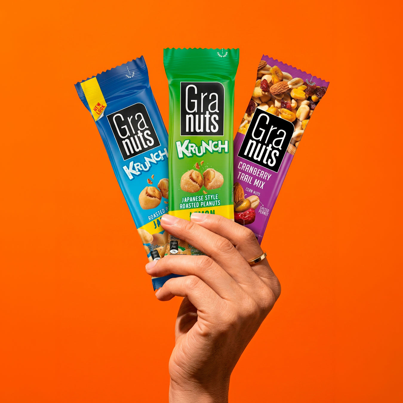 Three Granuts products: cranberry trail mix, classic krunch, and lemon krunch