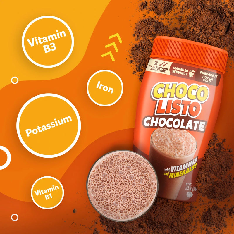 front image instant drink Chocolisto 10.5 oz indicating components and vitamins