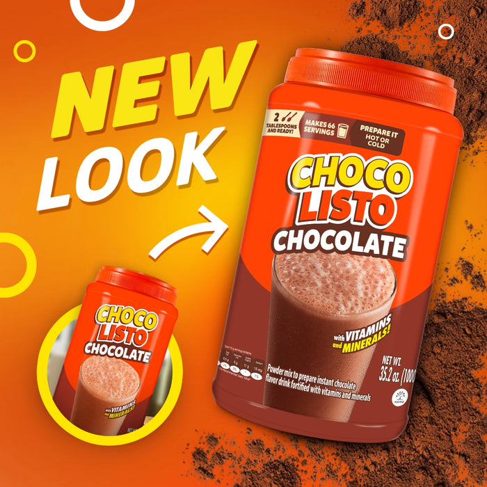 front image of orange Chocolisto 35 oz packaging indicating image change