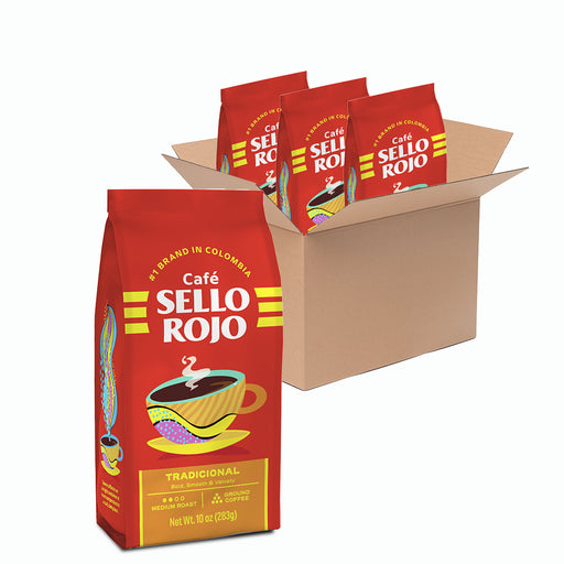 Sello Rojo Tradicional Coffee, 100% Latin American, Medium Roast Ground Coffee Bag, 10 oz, Pack of 3