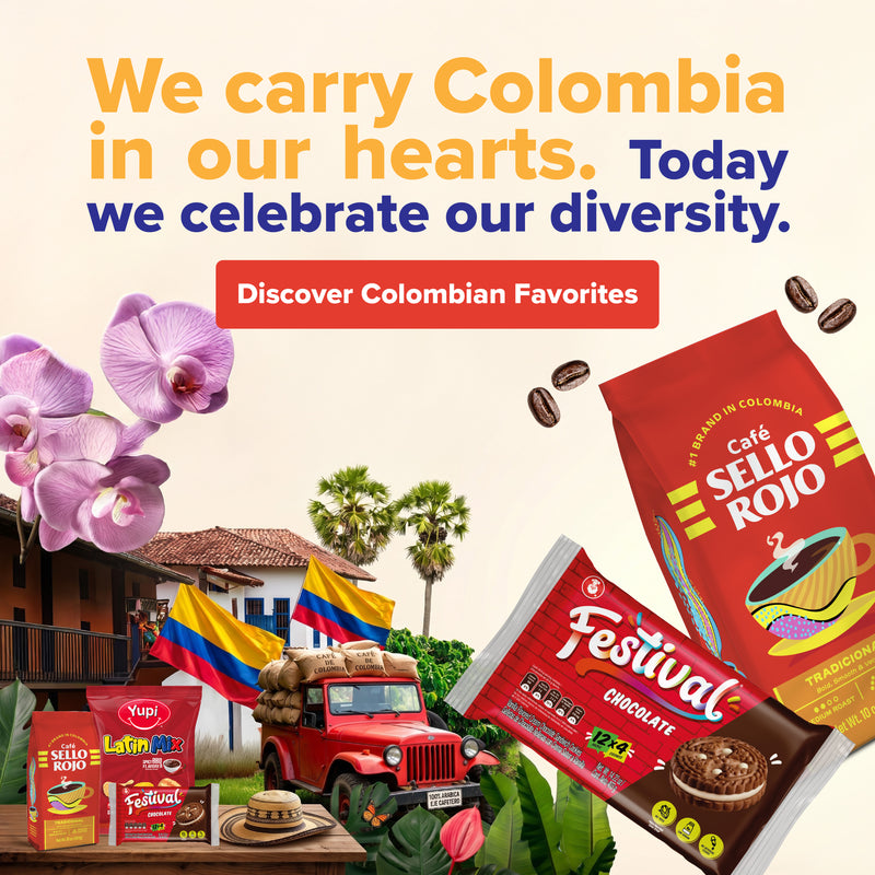 There is a package of Café Sello Rojo Tradicional, a package of Yupi Latin Mix, and a package of Festival de Chocolate. These packages are on a table, and there is also a hat on the table.
In the background, there is a house, Colombian flags, a car loaded with bags of coffee, and trees.
The image includes the following text:
“We carry Colombia in our hearts. Today we celebrate our diversity.”
Below the text is a button that says:
“Discover Colombian Favorites.”