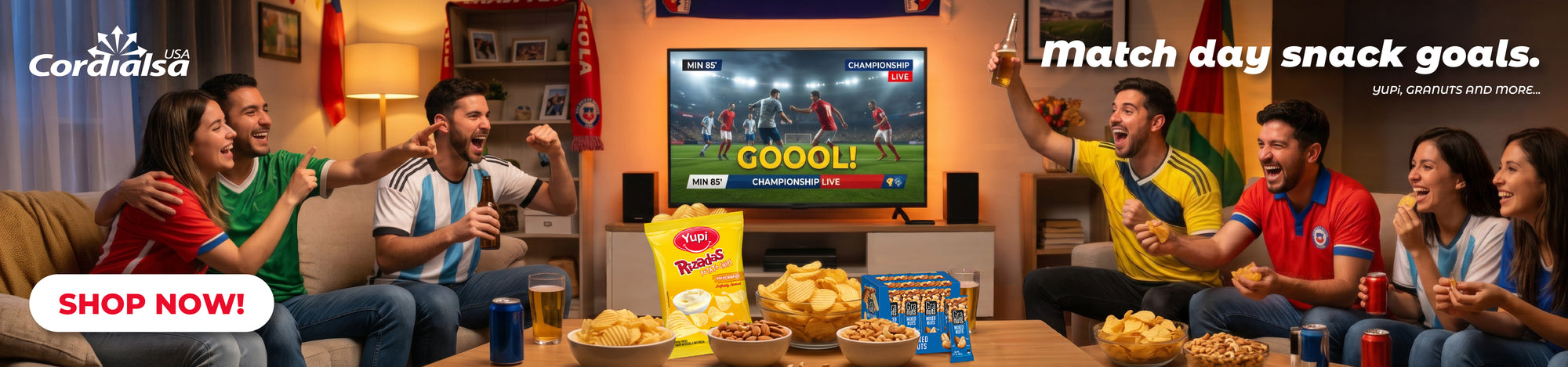 There's a package of Yupi Rizadas with Mayonnaise and a bag of Grannuts Mixed Nuts. There's also a bowl of potatoes and another bowl of Grannuts.
Seven people are sharing the snacks together while, in the background, a TV is showing a World Cup match.
In the upper right corner, the text reads:
“Match Day Snack Goals. Yupi, Grannuts, and more...”
In the lower left corner, there’s a button that says:
“Shop Now!”