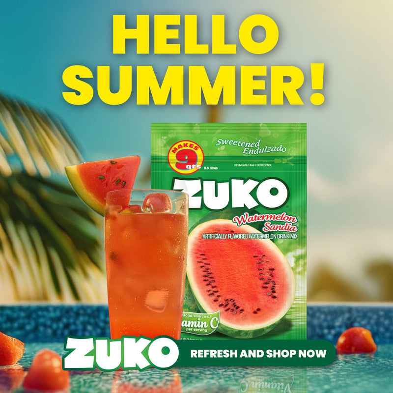 There is a package of Zuko Watermelon and a glass containing the prepared Zuko Watermelon drink.
On the left side, the text reads:
“Hello Summer!”
Below that, the text reads:
“Zuko”
And there is a button that says:
“Refresh and Shop Now”