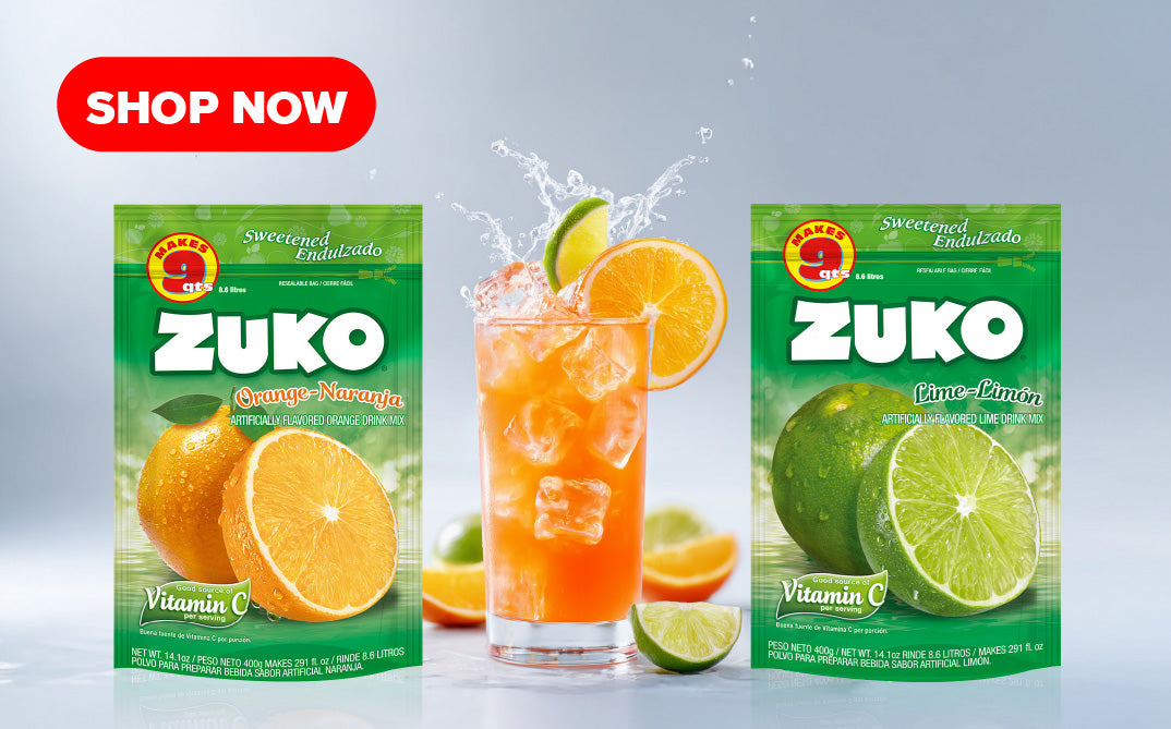 There is a package of Zuko Orange and a package of Zuko Lemon. Between the two is a glass with ice and a drink made with Zuko, highlighting how refreshing it is.
In the upper left corner, there is a button that says:
“Shop Now”