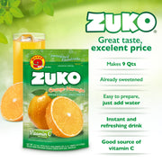 A jar of Zuko Orange, a package of Zuko  Orange, and its benefits.
