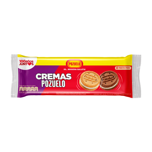 Cremas Pozuelo, Mixed Chocolate-Vanilla, Bag 13.3 Oz, Each Bag contains 12 inner packs, Tasty mixed vanilla and chocolate cookies, with vanilla-flavored cream inside