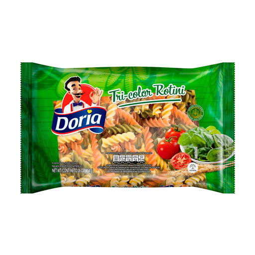 Doria, Tri-Color Rotini, 16 Oz, Pasta with extra fortification, Made with Durum Wheat 100% natural vegetables, Pasta in form of screws